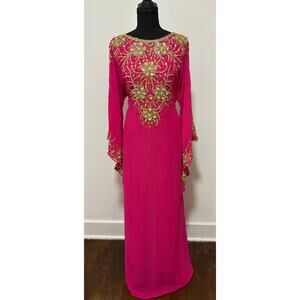 Mehreen Creation Hot Pink Gold Beaded Kaftan Maxi Dress L NWT India